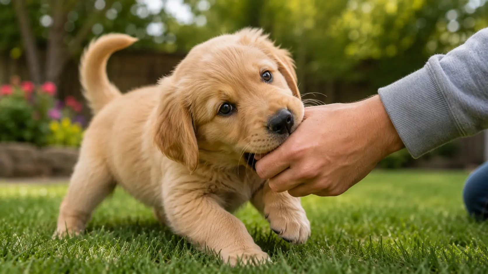 Puppy gently mouthing a person's hand during a bite inhibition training session