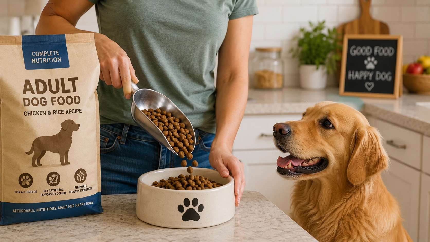 Dog owner pouring affordable healthy dog food into a bowl at home