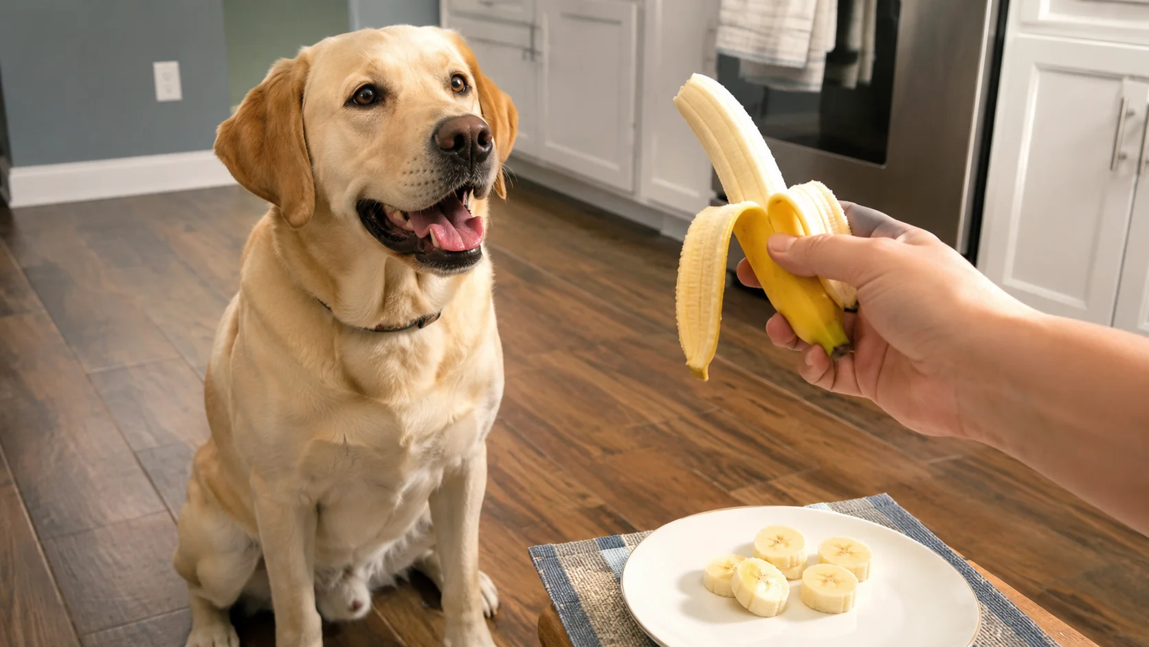 Dog looking up at a peeled banana held in a hand, illustrating whether dogs can safely eat bananas