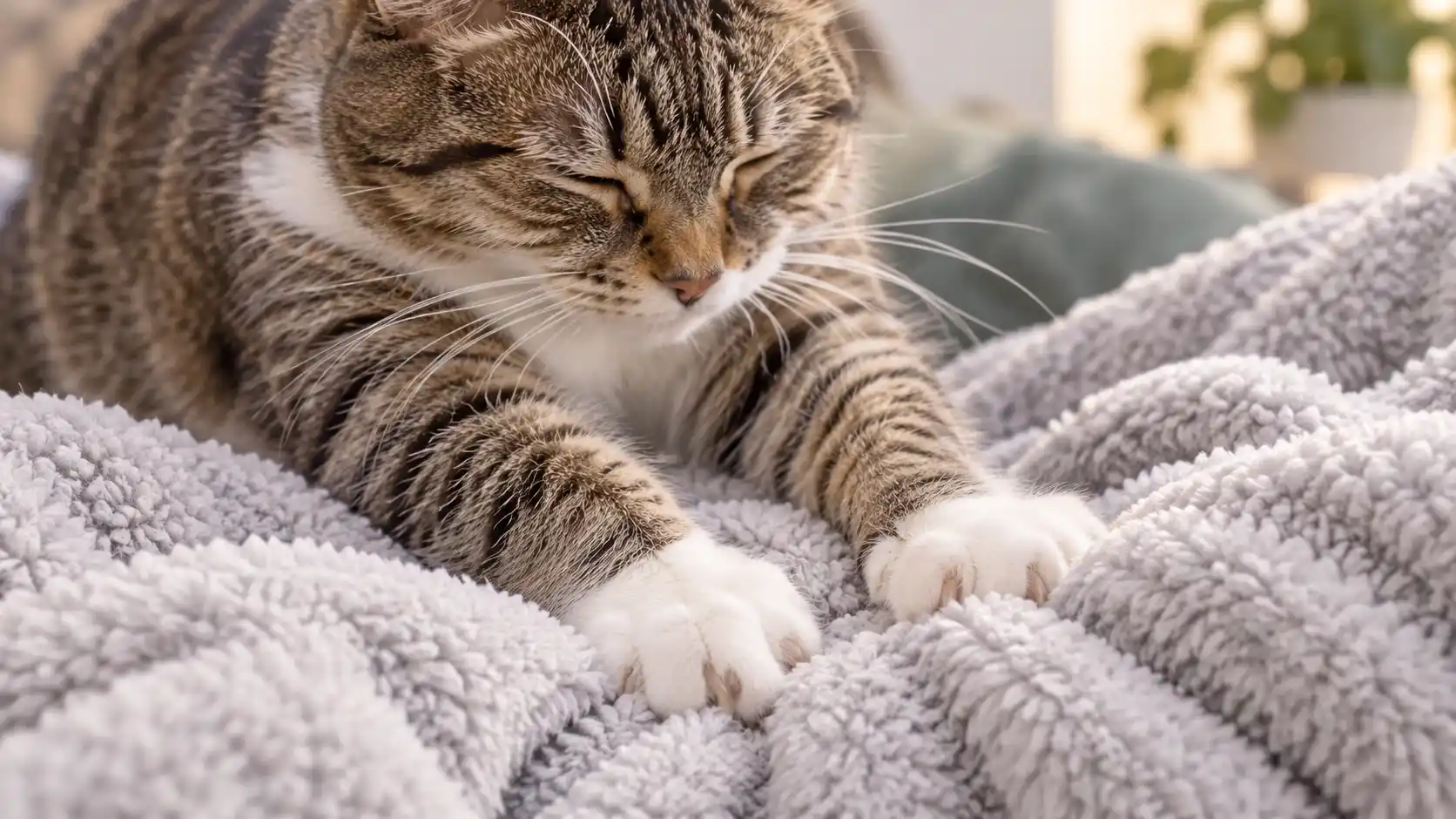 Cat kneading a soft blanket with its paws while relaxing