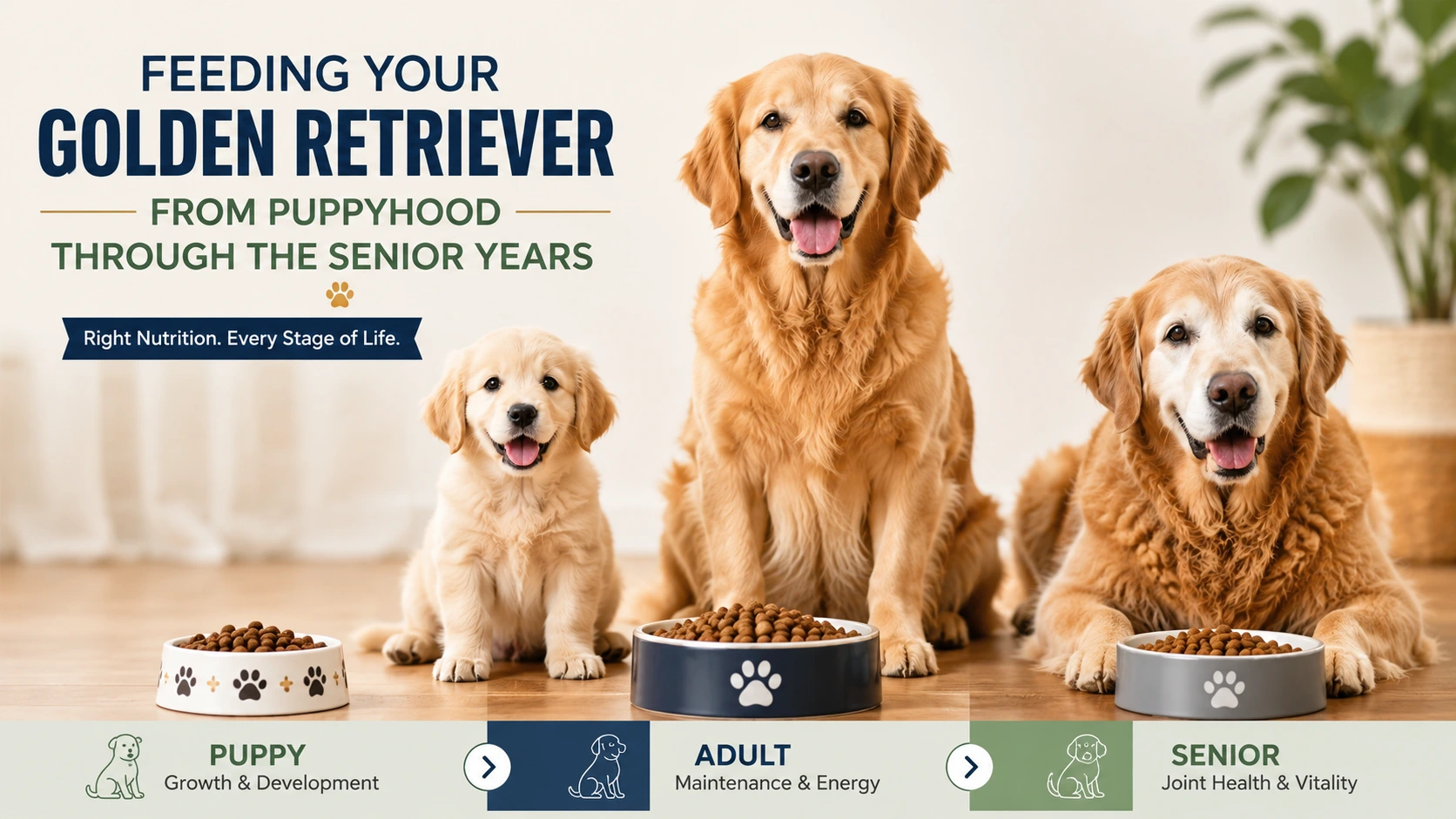 Golden Retriever puppy and adult dog eating from bowls, feeding schedule by age