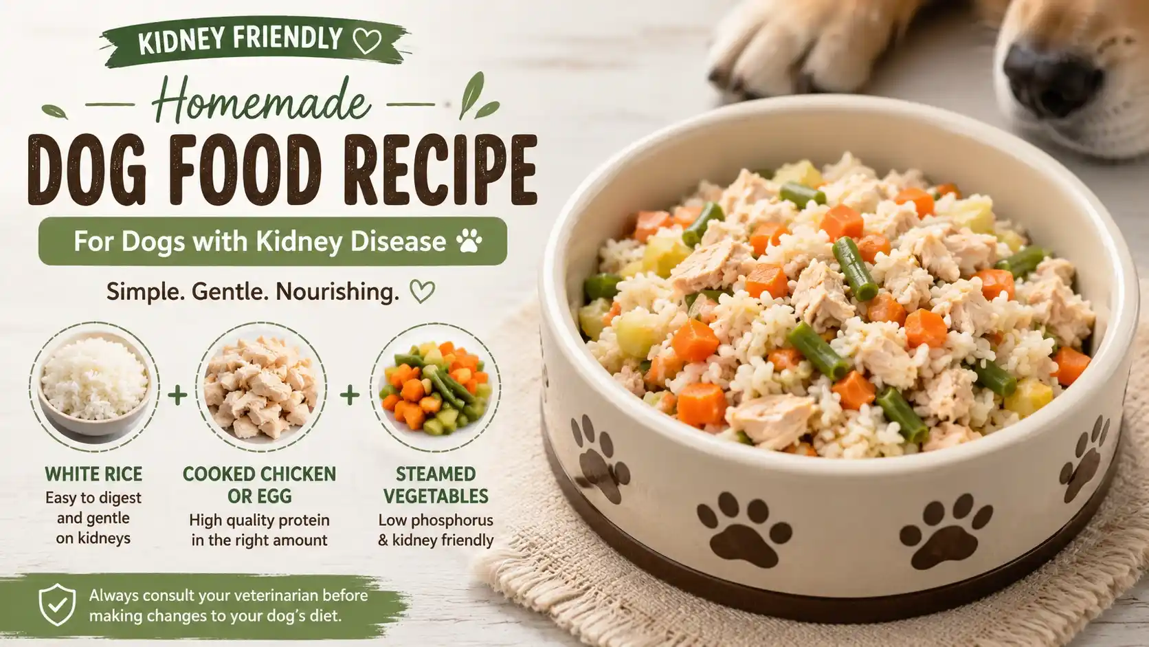 Homemade dog food recipe for dogs with kidney disease in a bowl with rice, chicken, and vegetables