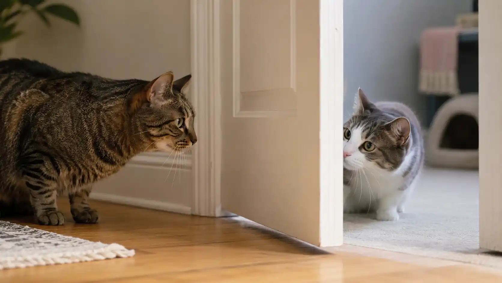 New cat and resident cat sniffing each other calmly through a door gap