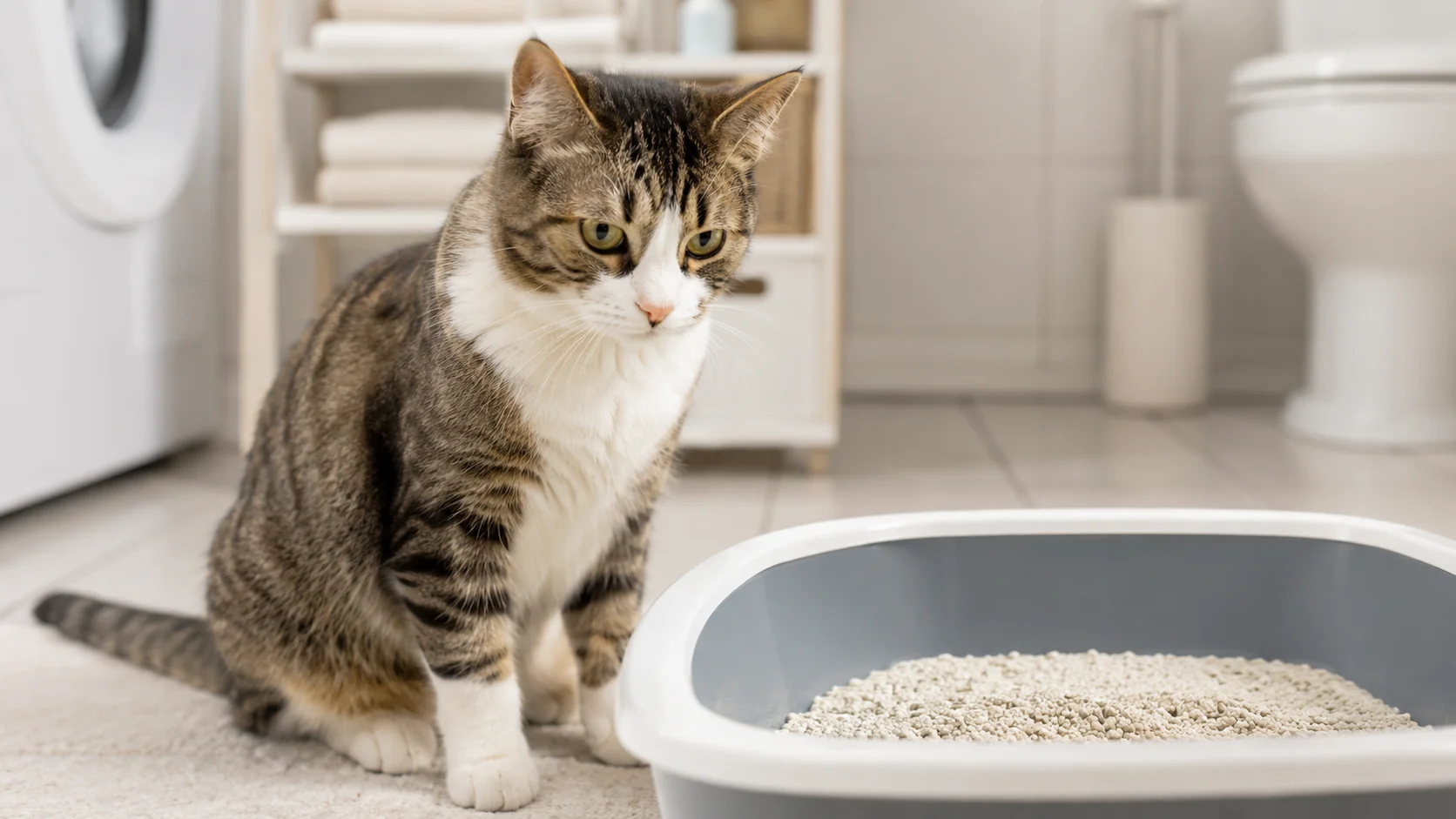 Cat sitting hesitantly next to an open litter box, illustrating reasons cats suddenly stop using the litter box
