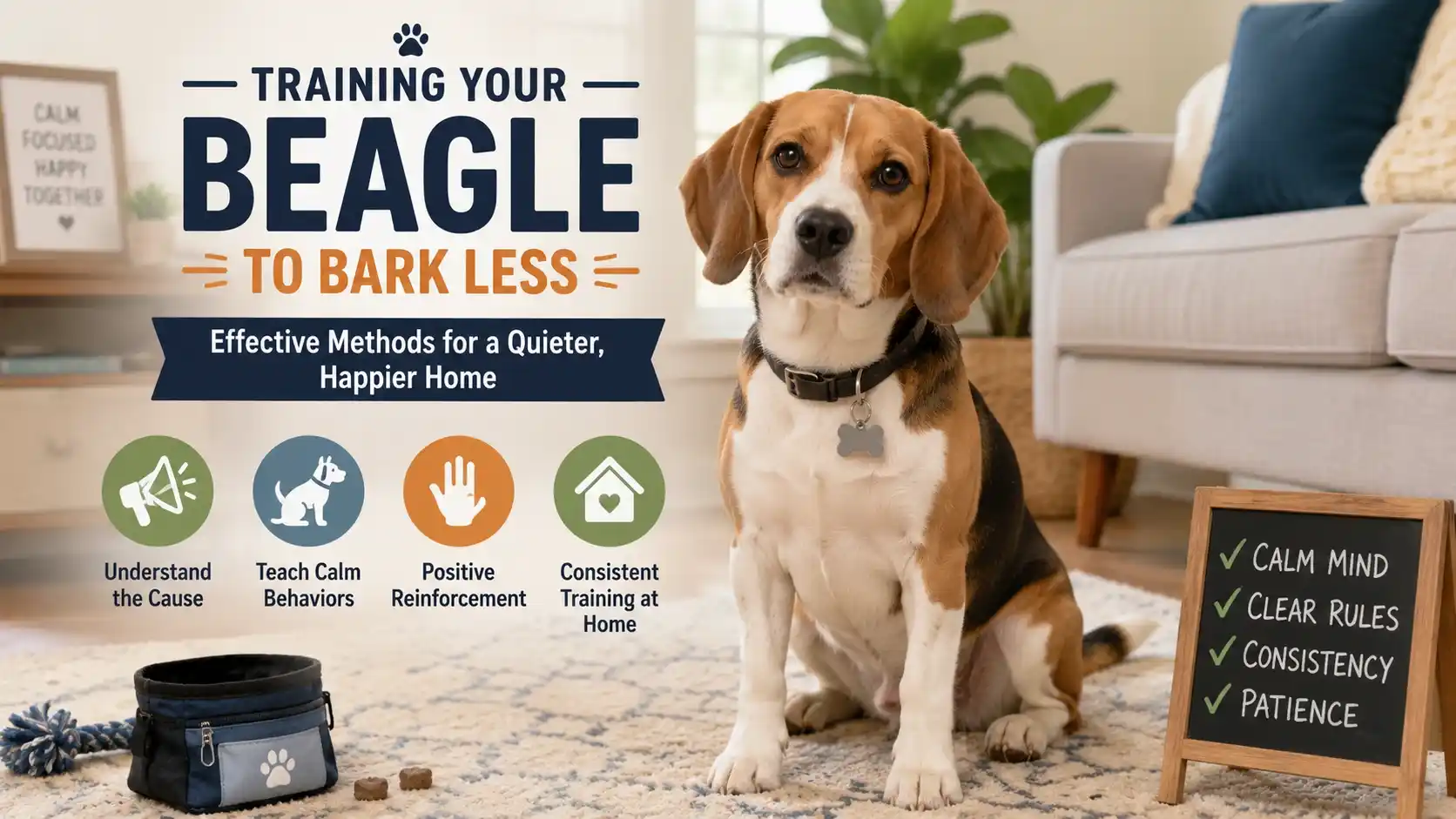 Beagle sitting calmly indoors after learning training tips to stop excessive barking
