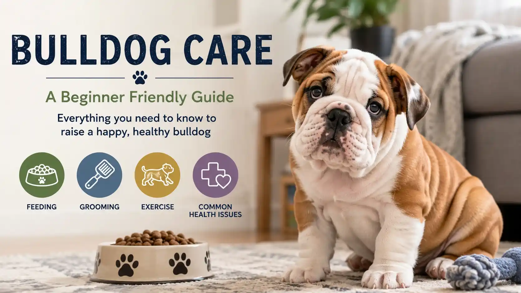 Bulldog puppy sitting on a couch as part of a bulldog care guide for first-time owners