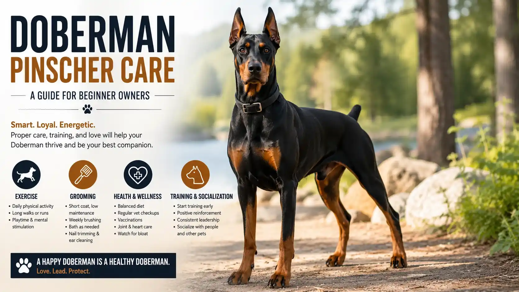 Doberman pinscher standing outdoors showing proper care and grooming