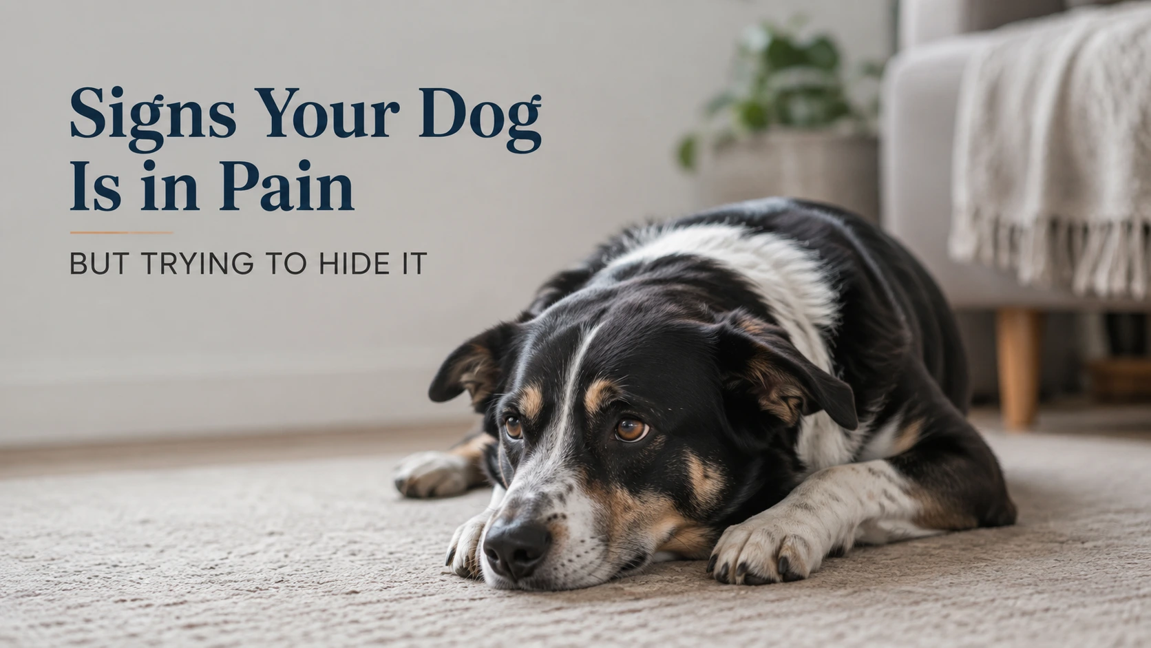 Dog lying quietly with a subdued expression showing signs of hidden pain