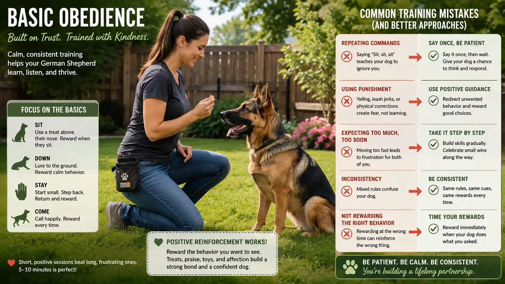 Owner training a German Shepherd puppy to sit outdoors