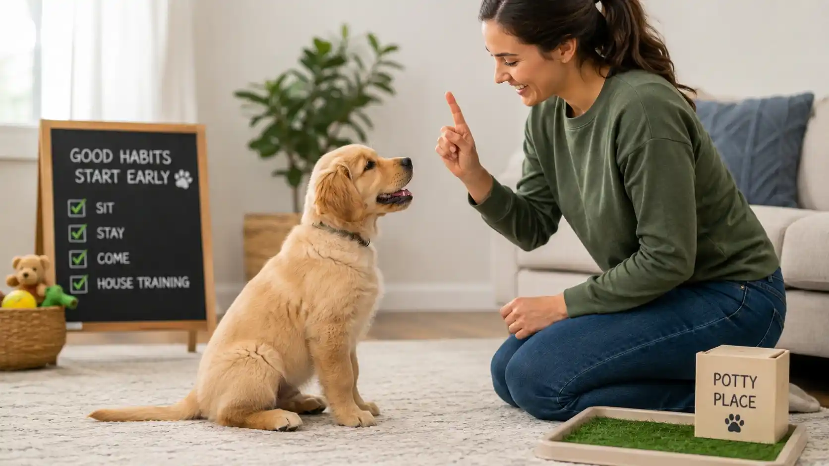 Golden retriever puppy training session showing puppy learning basic obedience commands