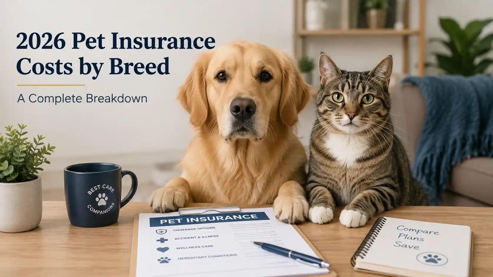 Dog and cat sitting together next to a pet insurance policy document