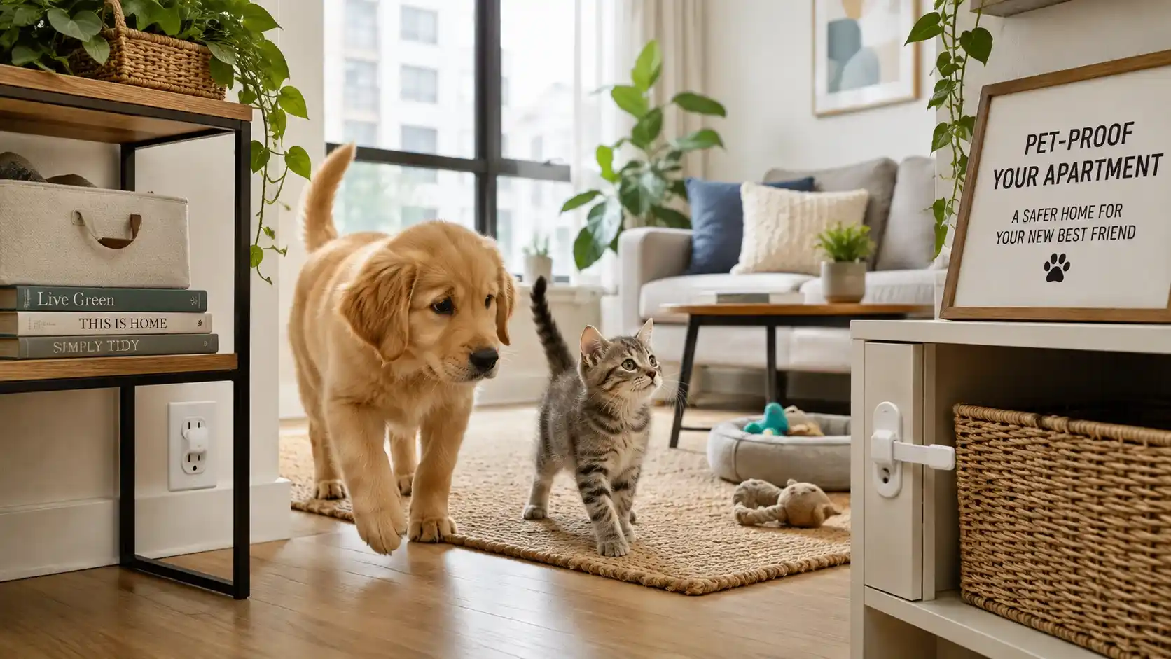 Puppy and kitten exploring a safely pet-proofed apartment living room