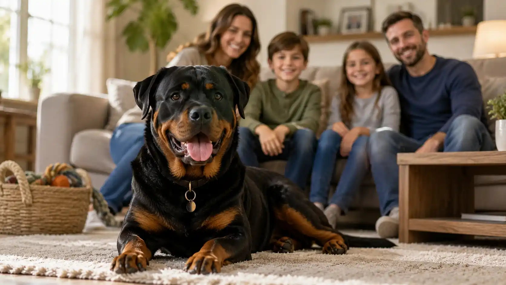 Rottweiler dog sitting calmly next to a child in a living room
