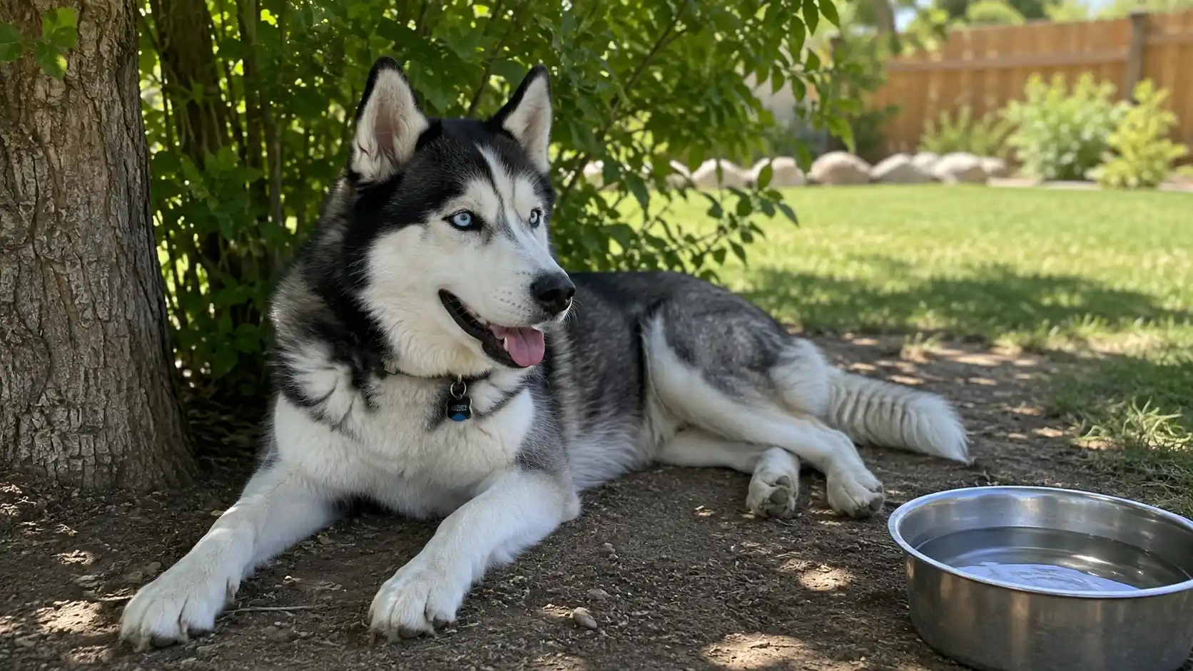 Siberian husky resting in shade during hot summer weather