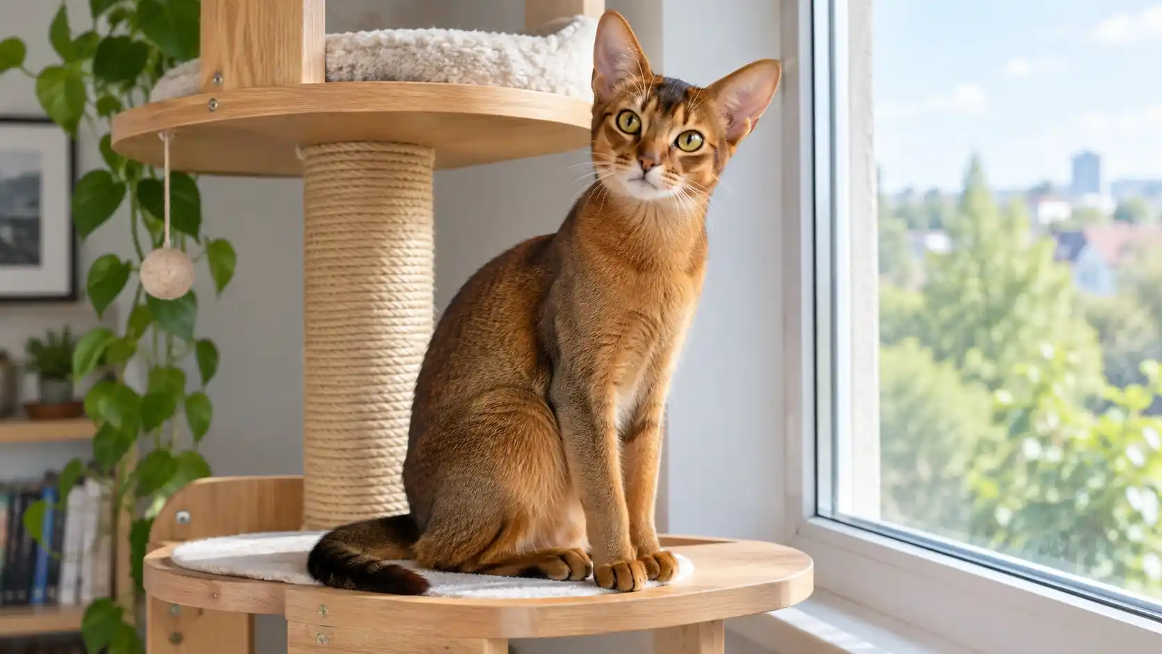 Ruddy Abyssinian cat with a ticked coat sitting on a cat tree, a first-time owner's guide to abyssinian cat care