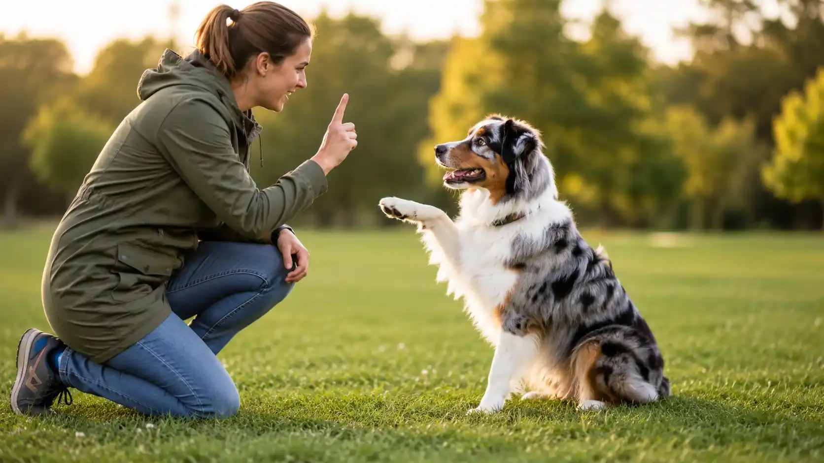 Australian Shepherd being trained outdoors by its owner