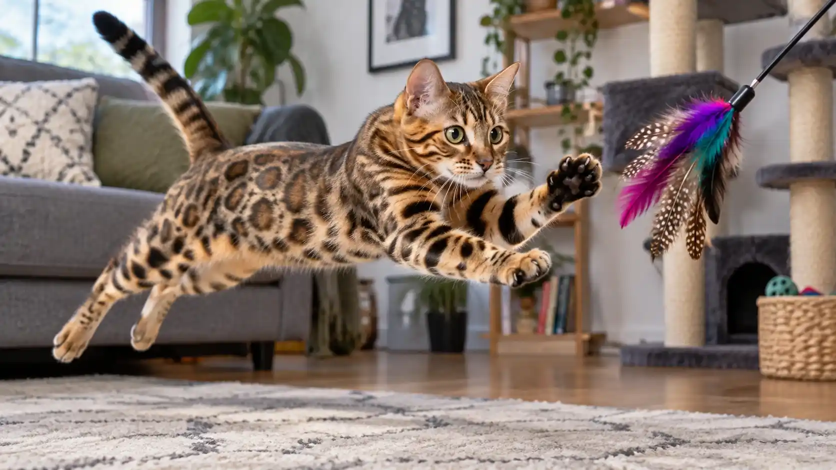 Bengal cat playing with a wand toy in an active household living room