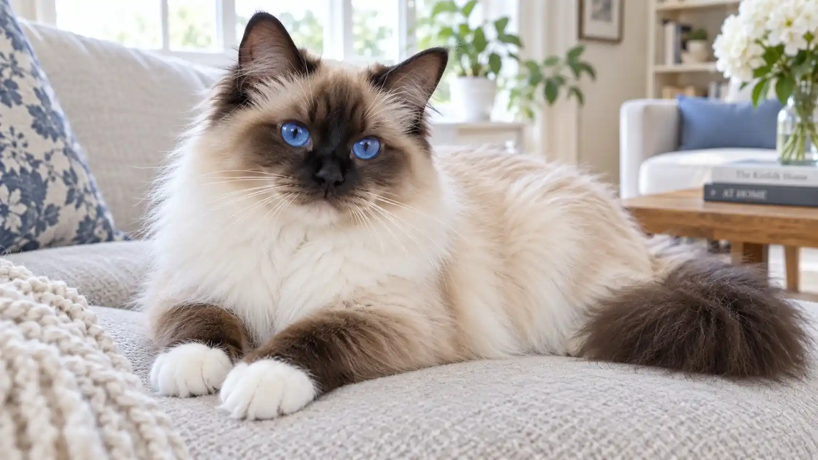 Blue-eyed Birman cat with white paws sitting on a soft blanket
