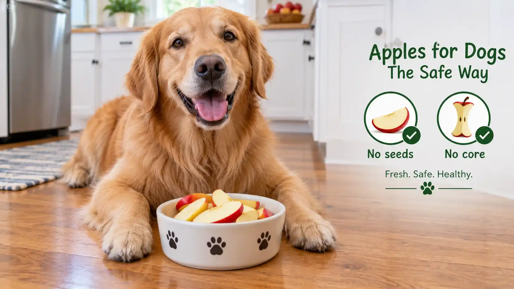 Golden retriever sitting beside a bowl of sliced red apples, showing that dogs can eat apples safely