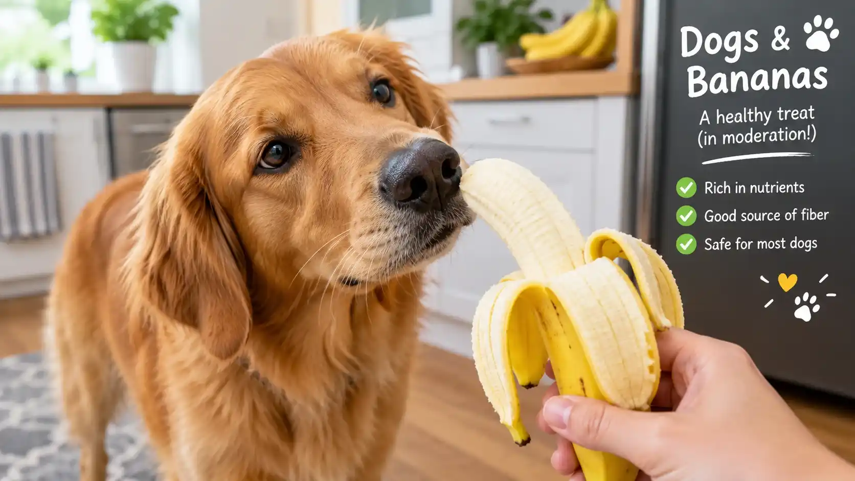 Dog looking up at a peeled banana held by its owner, illustrating whether dogs can eat bananas safely