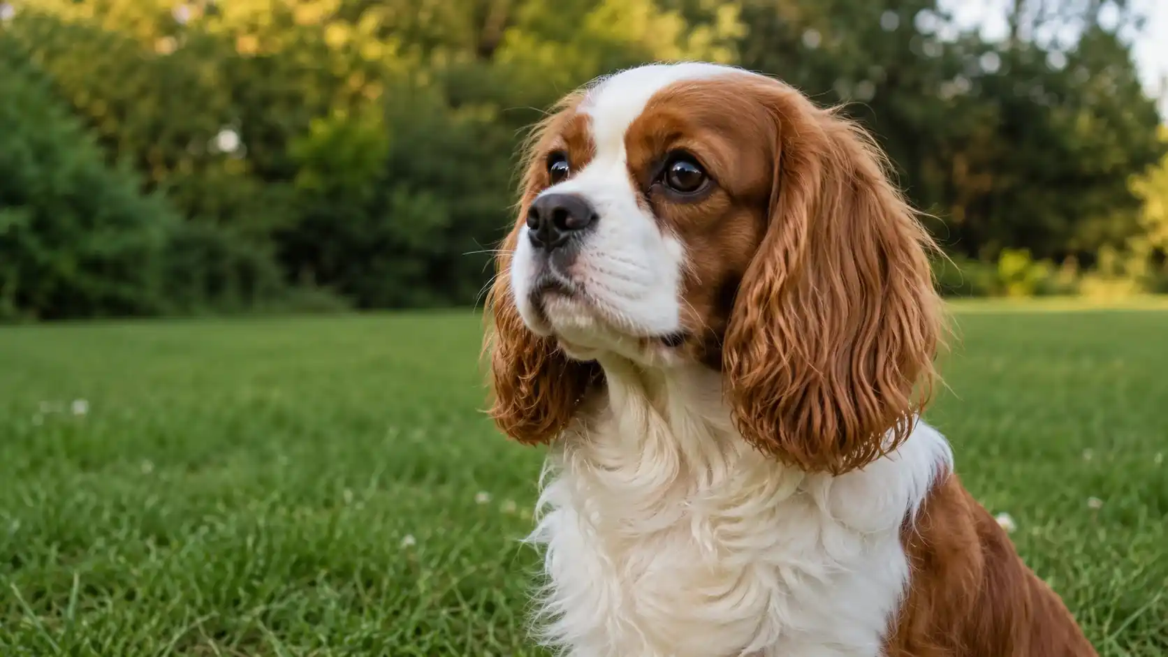 Cavalier King Charles Spaniel sitting on grass, representing a guide to cavalier king charles spaniel care
