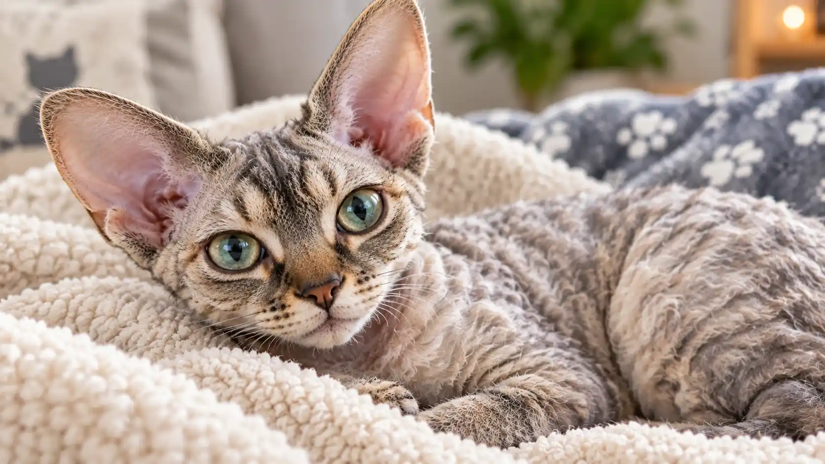 Curly-coated Devon Rex cat with big ears resting on a soft blanket