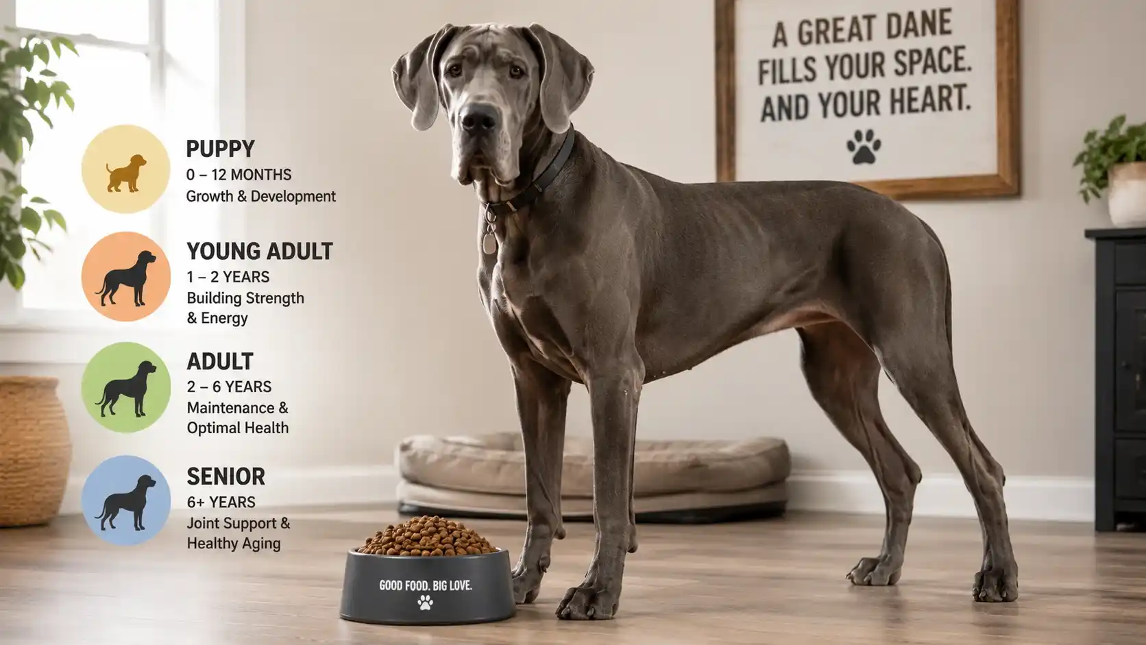 Great Dane feeding guide by age showing a Dane next to a food bowl