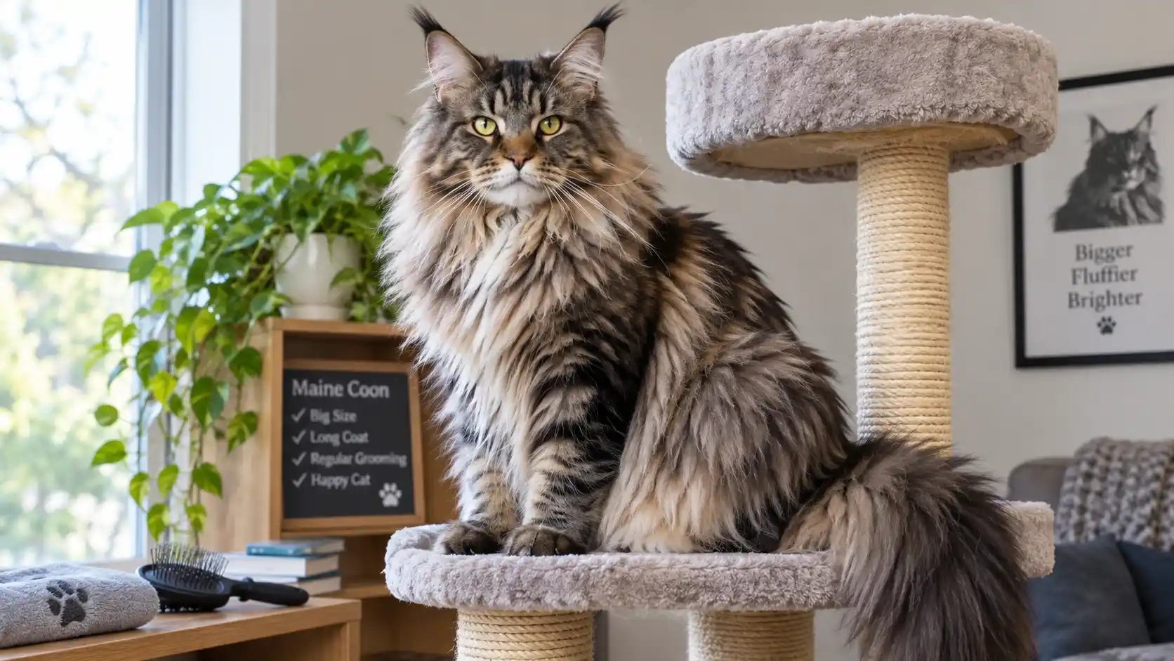 Maine Coon cat on a cat tree, a key part of following a proper maine coon care guide