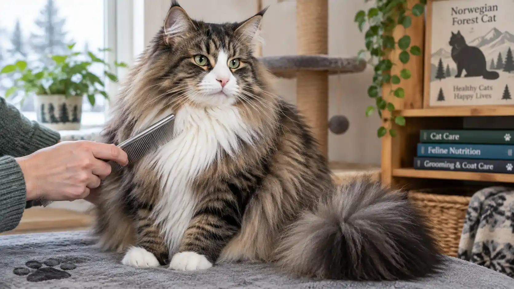 Norwegian Forest cat being groomed with a steel comb, showing its thick double coat