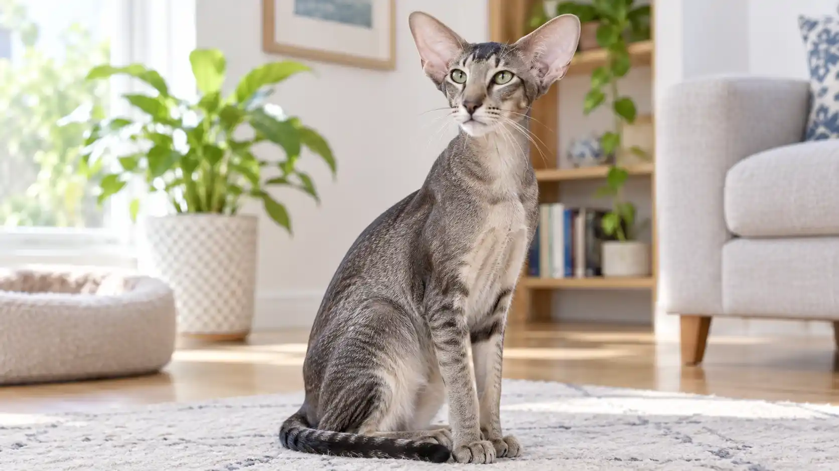Oriental shorthair cat sitting indoors showing its slender body and large ears