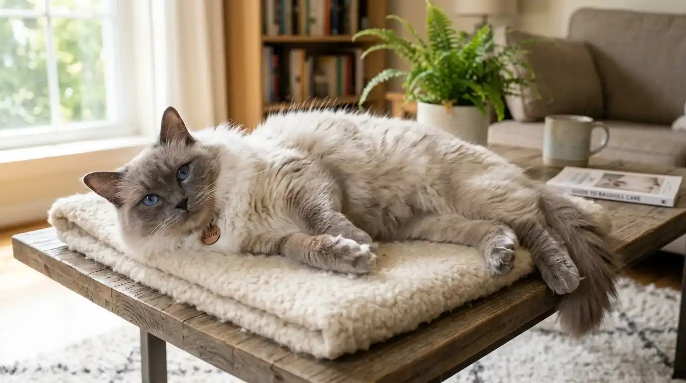 Ragdoll cat lying indoors, showing key traits covered in this ragdoll cat care guide