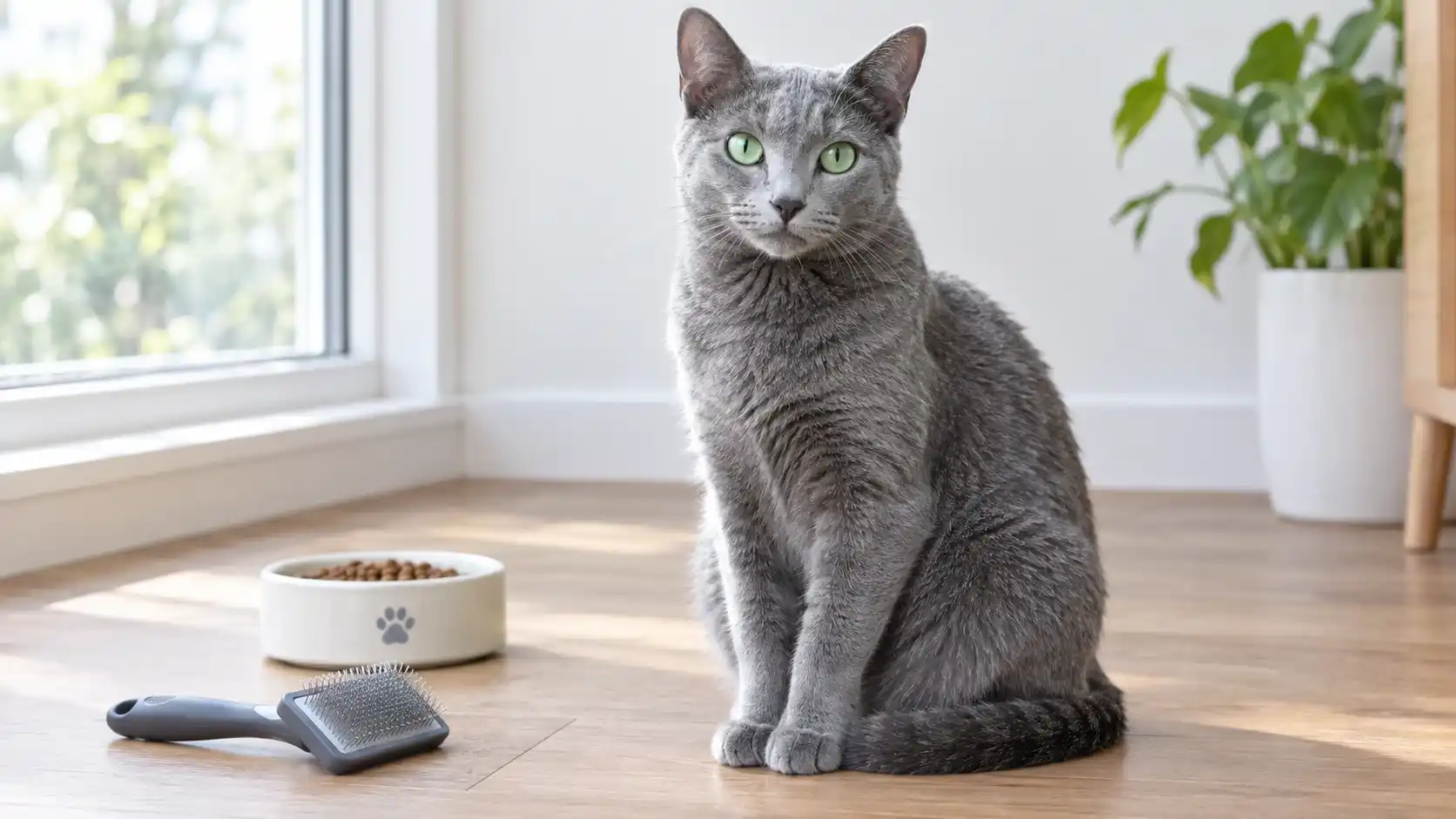 Russian Blue cat with green eyes sitting on a light background during a grooming session