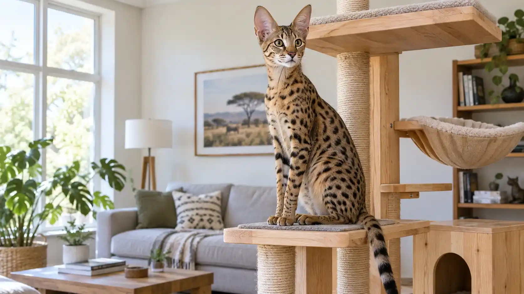Spotted Savannah cat with large ears sitting on a cat tree at home