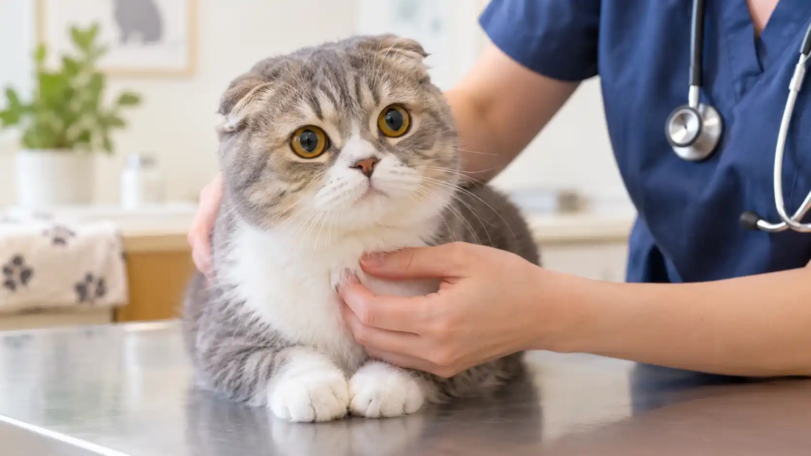 Scottish Fold cat with folded ears being examined by a vet for joint and health problems