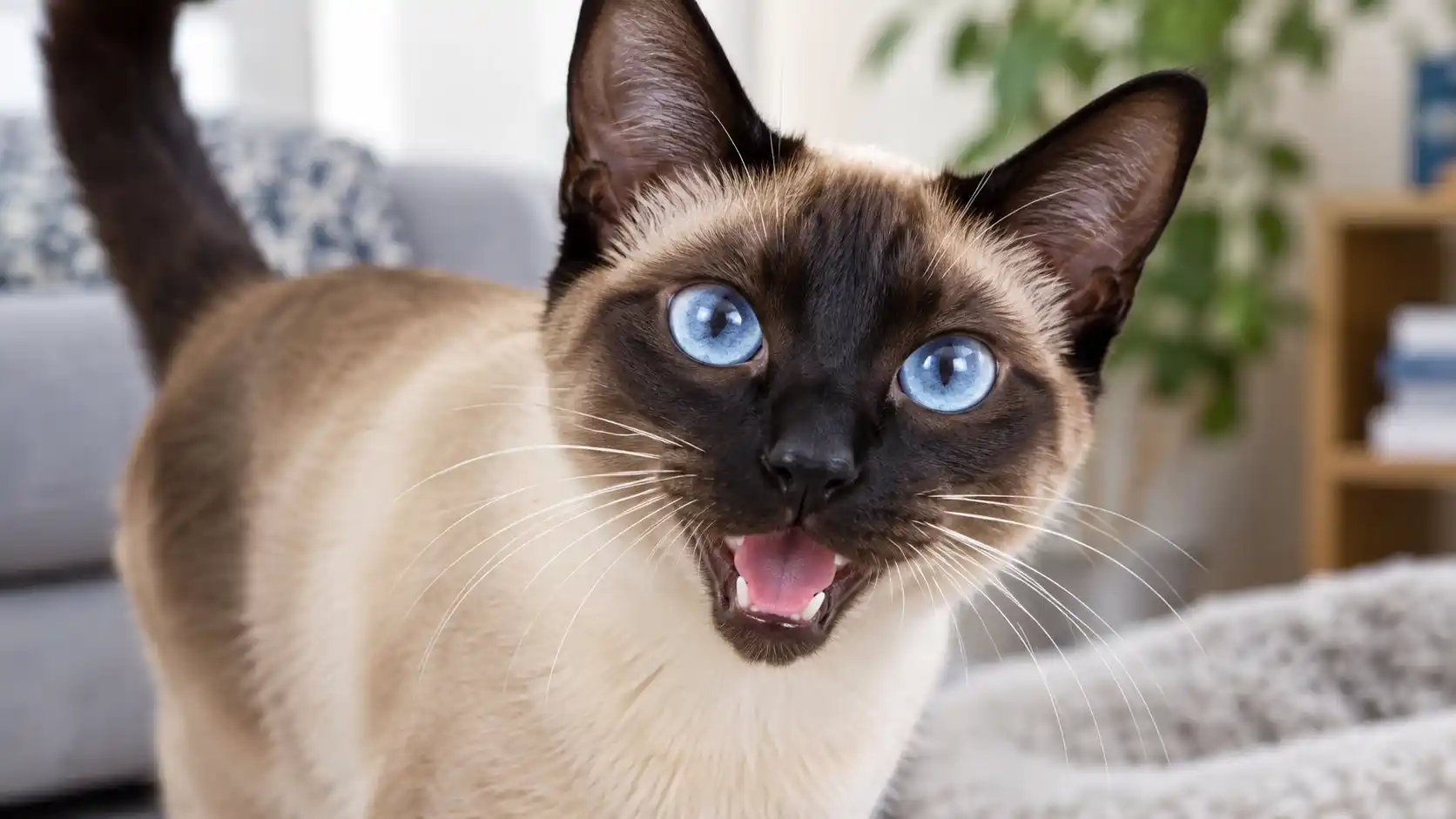 Siamese cat with blue eyes showing off its playful and vocal personality