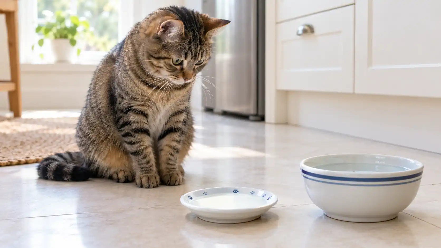 Tabby cat next to a saucer of milk and a bowl of water, showing can cats drink milk