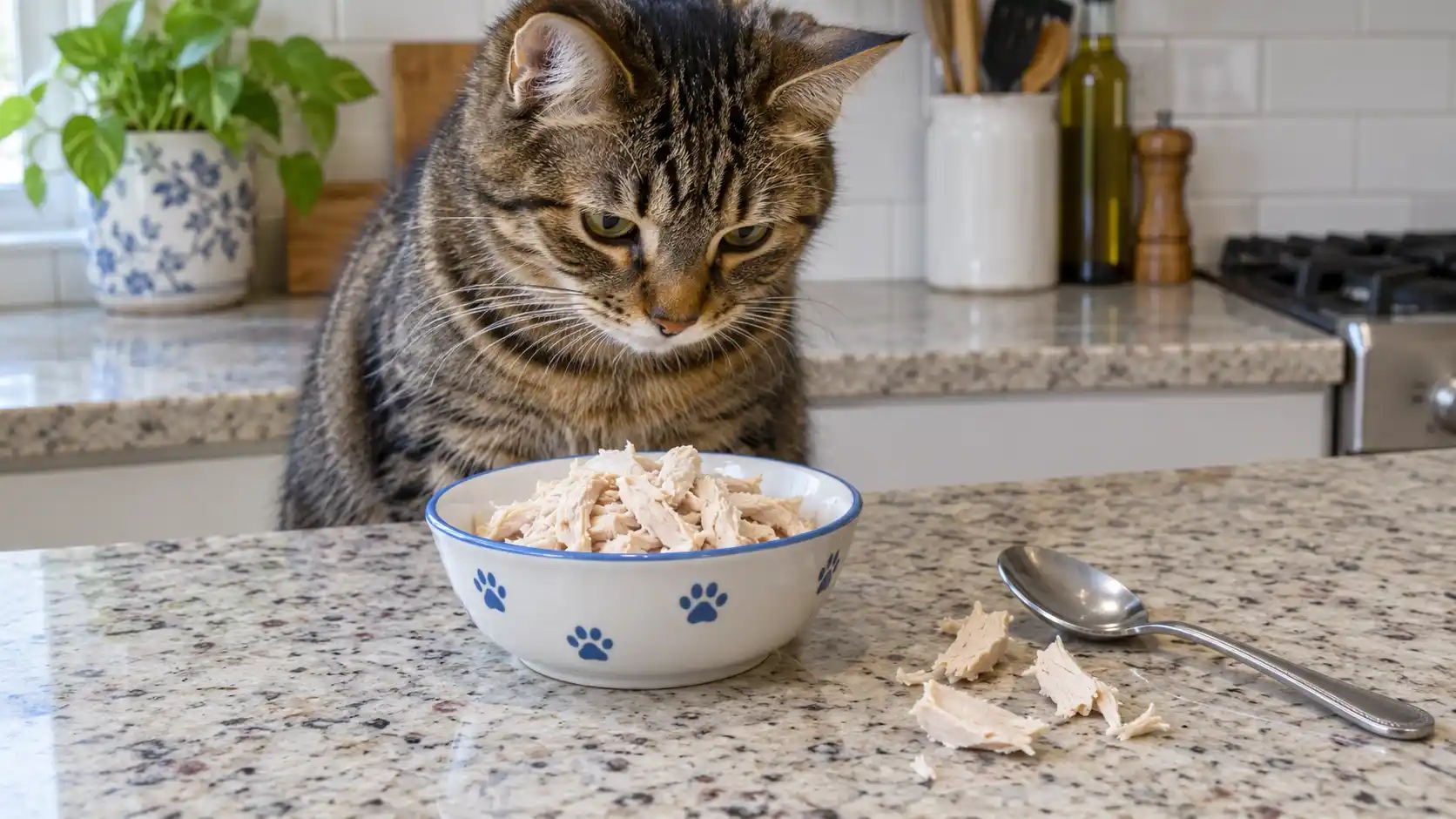 Tabby cat eating shredded plain cooked chicken from a bowl, showing that cats can eat chicken in small amounts