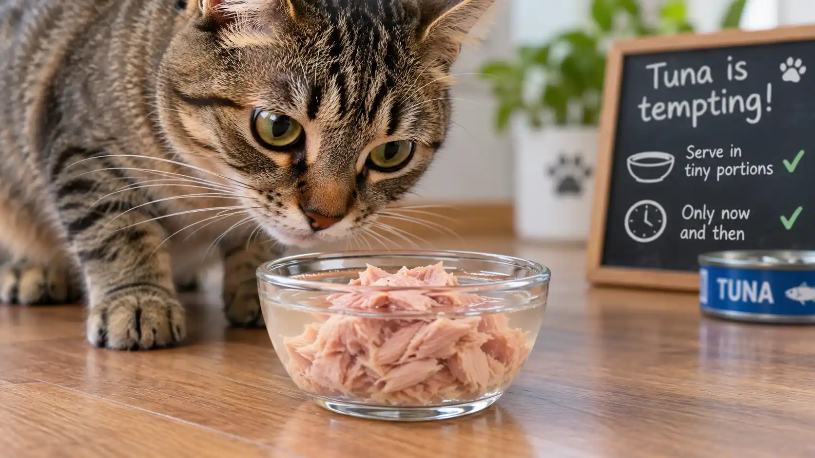 Tabby cat sniffing a small bowl of canned tuna in water on a kitchen floor