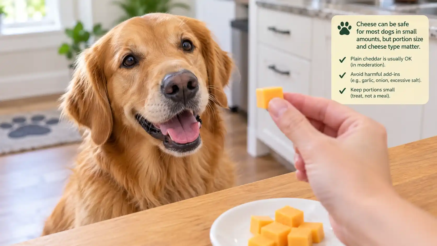 Golden retriever looking up at a small piece of cheddar cheese held in a hand