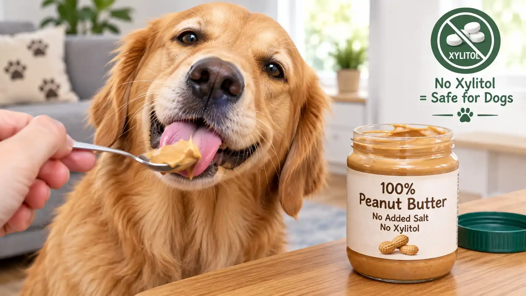 Golden retriever licking a spoonful of plain peanut butter from its owner’s hand