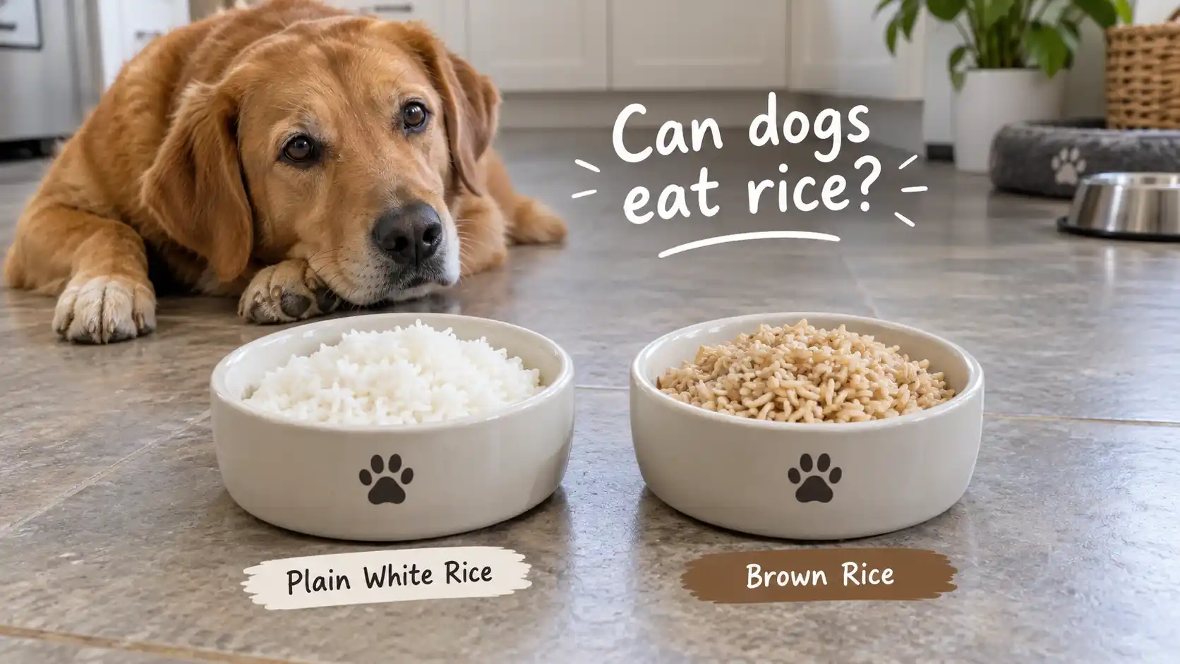 Golden retriever sitting beside two bowls of plain cooked white rice and brown rice