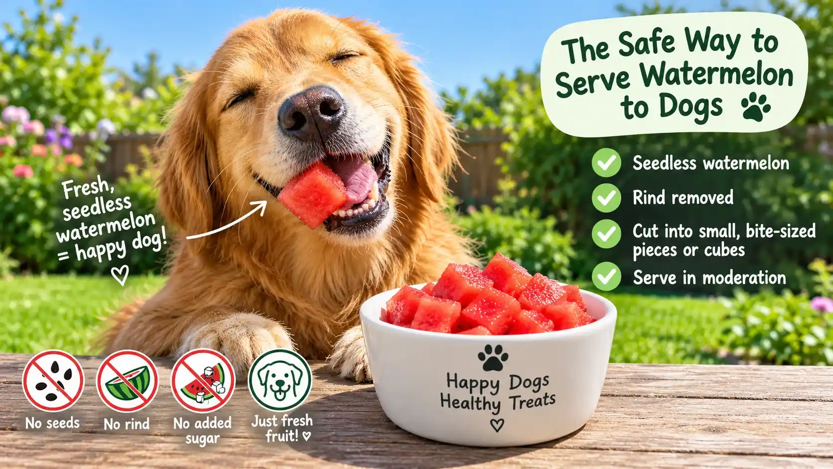Golden retriever sitting on grass eating a small cube of seedless watermelon