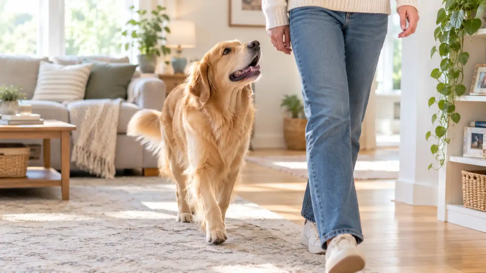 Golden retriever following its owner around the house, showing why a dog follows you everywhere