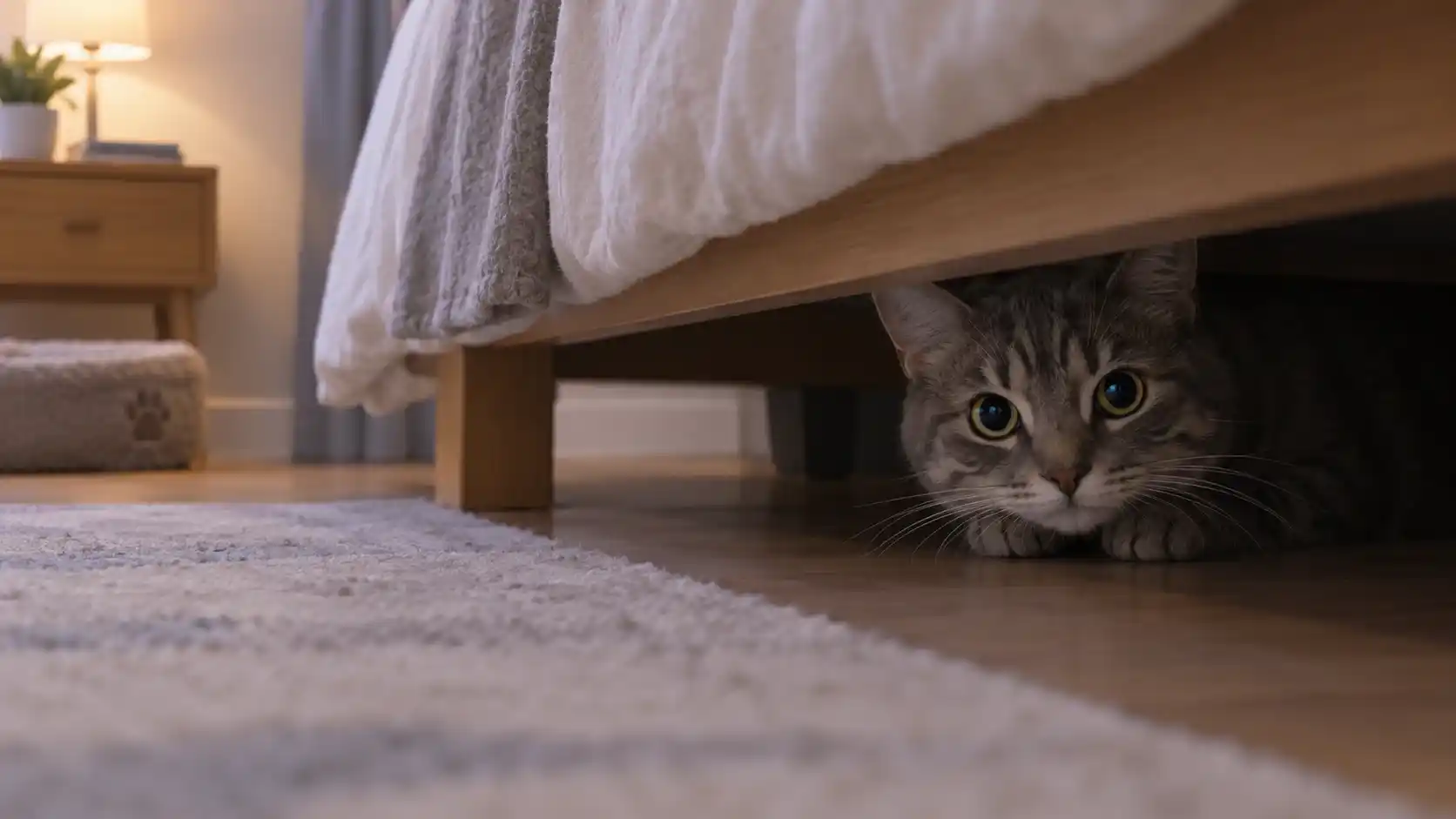 Gray tabby cat peeking out from under a bed, showing why a cat may suddenly start hiding