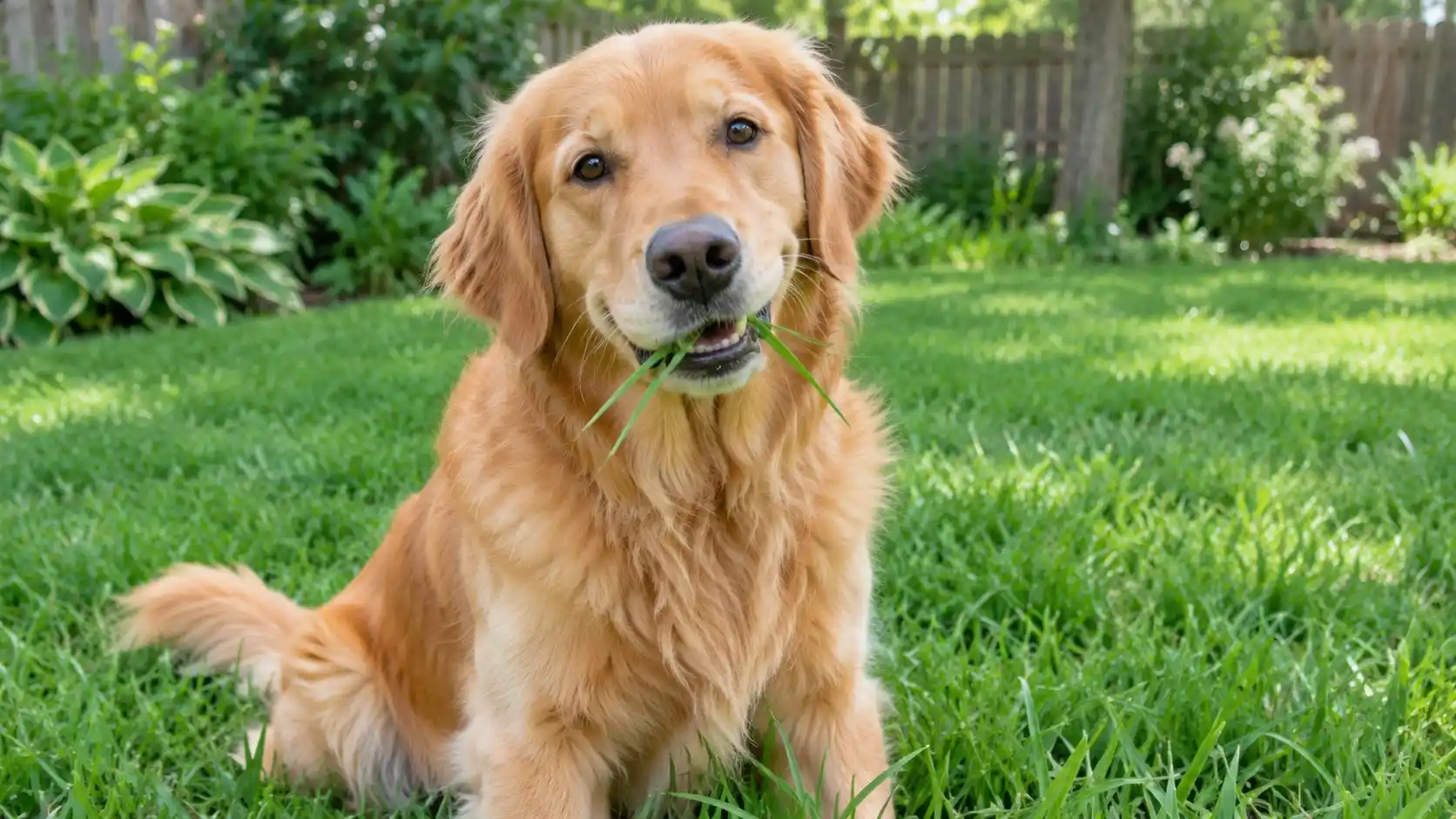 Golden retriever eating grass in a backyard lawn